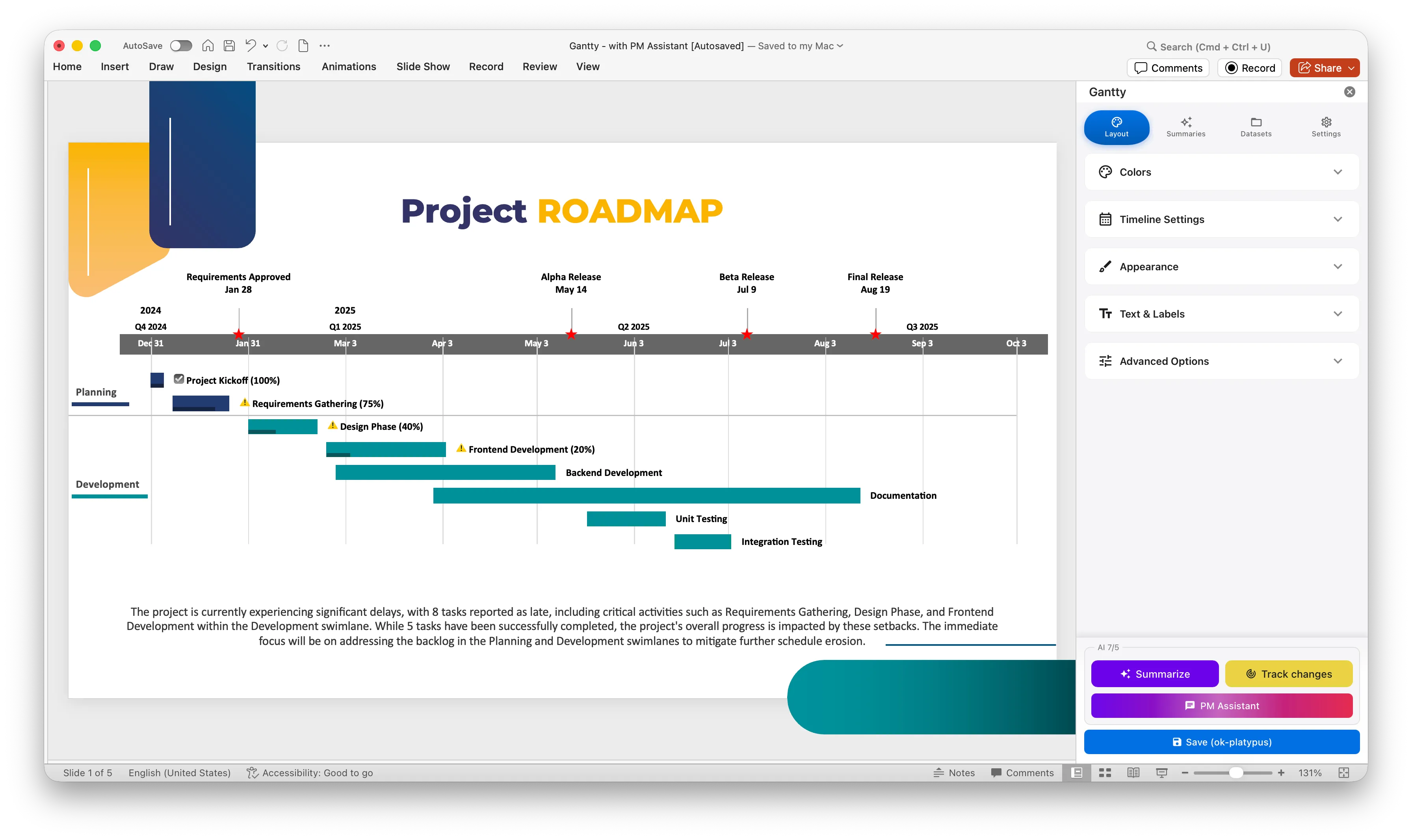 Gantty PowerPoint Add-in showing Gantt chart generation